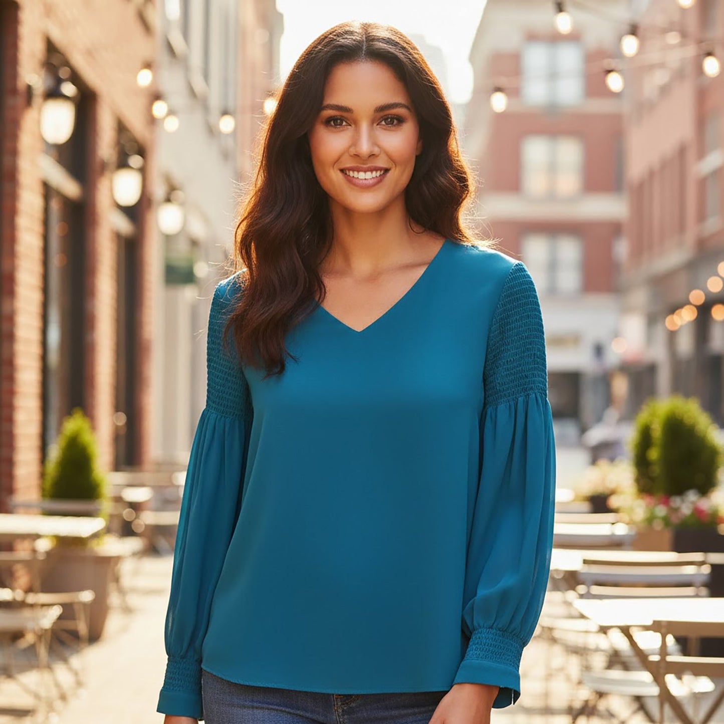 Calvin Klein Blouse Teal Blue Ruched Sleeve | Women's Large by Calvin Klein – blouse | RewearableUK