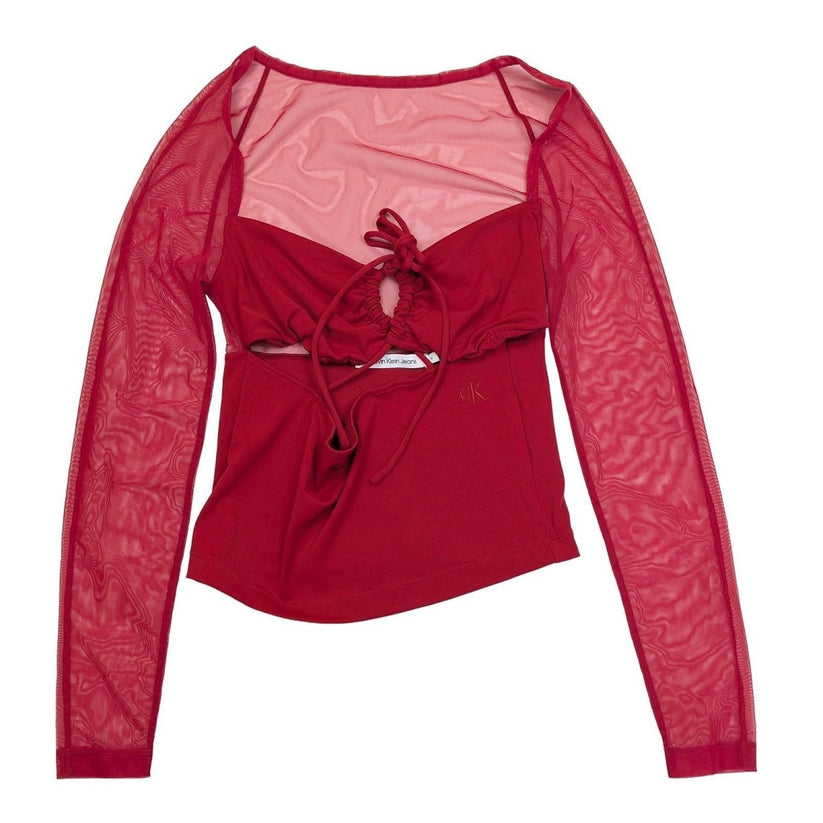 Calvin Klein Jeans Red Mesh Top Size M Sheer Long Sleeve Cut Out Tie Front Y2K by Calvin Klein – | RewearableUK