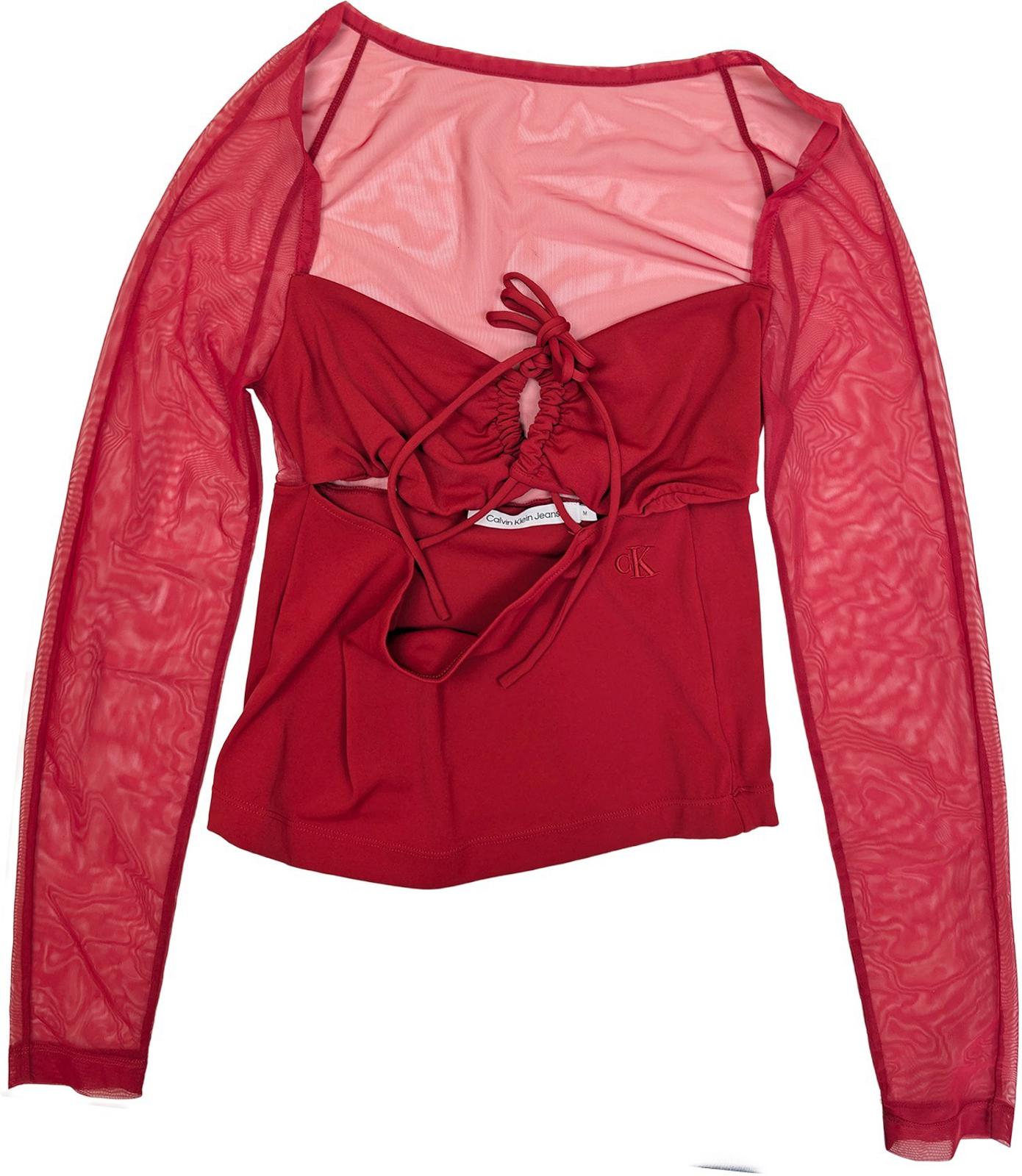 Calvin Klein Jeans Red Mesh Top Size M Sheer Long Sleeve Cut Out Tie Front Y2K by Calvin Klein – | RewearableUK