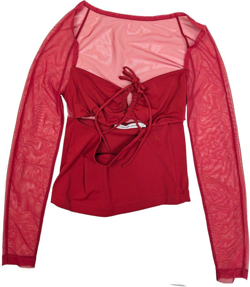 Calvin Klein Jeans Red Mesh Top Size M Sheer Long Sleeve Cut Out Tie Front Y2K by Calvin Klein – | RewearableUK