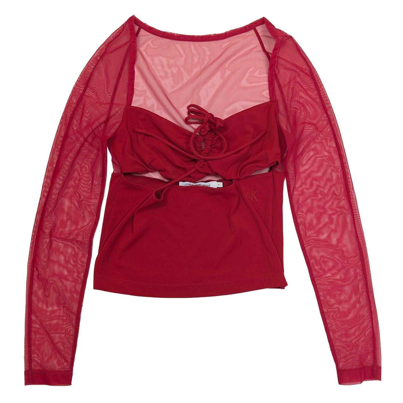 Calvin Klein Jeans Red Mesh Top Size M Sheer Long Sleeve Cut Out Tie Front Y2K by Calvin Klein – | RewearableUK