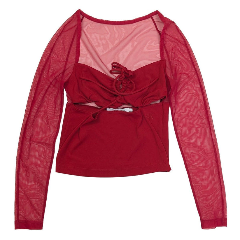 Calvin Klein Jeans Red Mesh Top Size M Sheer Long Sleeve Cut Out Tie Front Y2K by Calvin Klein – | RewearableUK