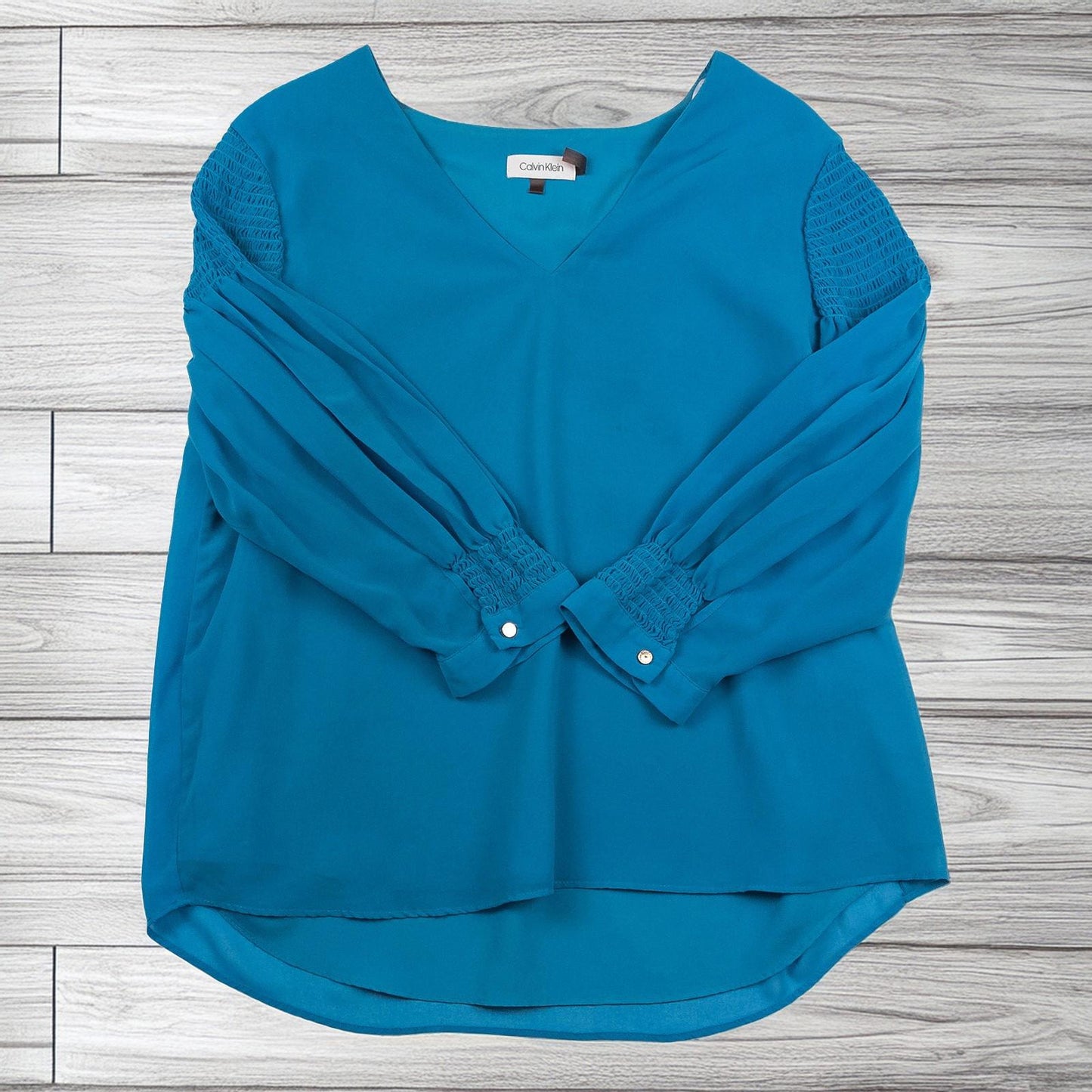 Calvin Klein Teal Blue Blouse Top Size L Large Ruched Sleeve V - Neck Office Wear by Calvin Klein – blouse | RewearableUK