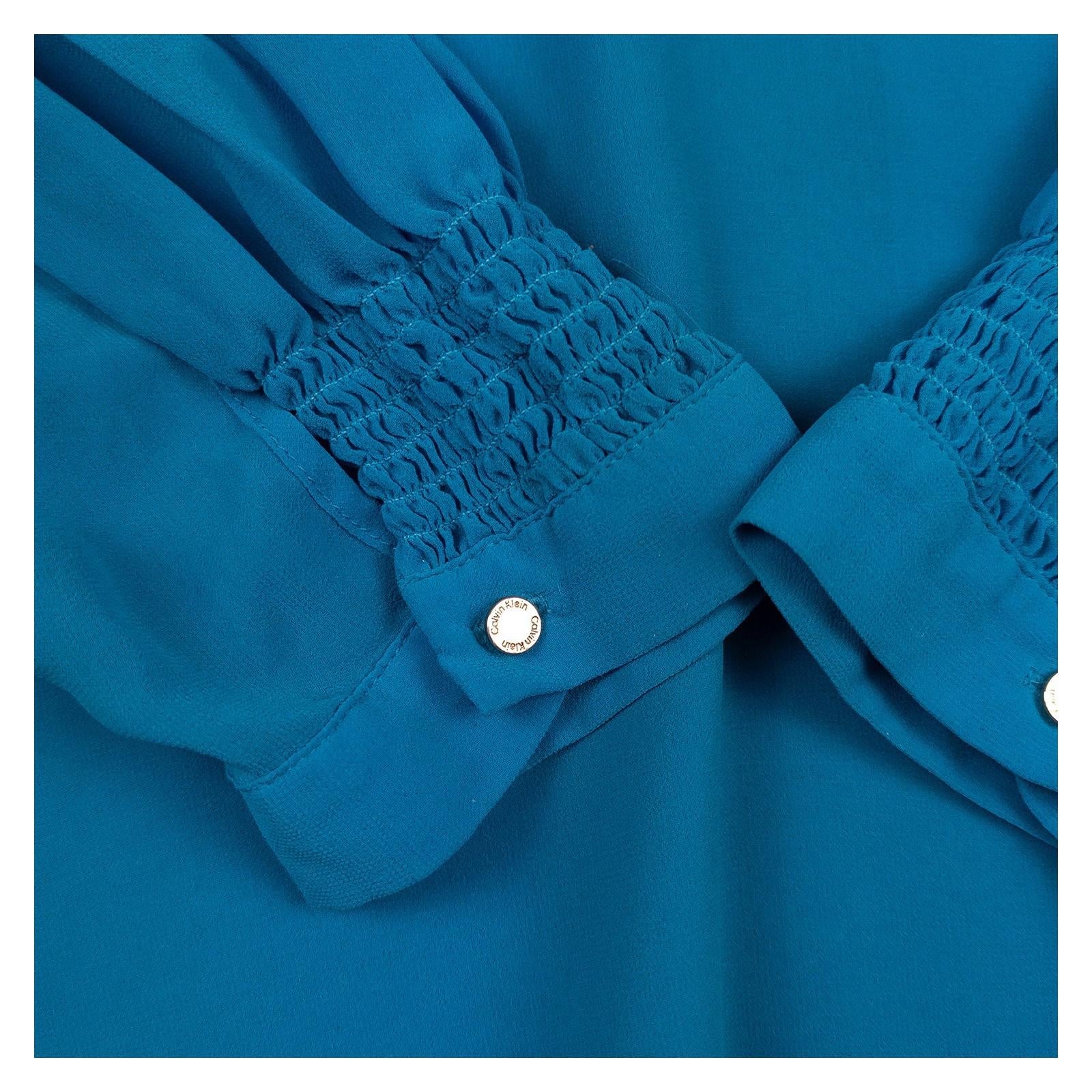 Calvin Klein Teal Blue Blouse Top Size L Large Ruched Sleeve V - Neck Office Wear by Calvin Klein – blouse | RewearableUK