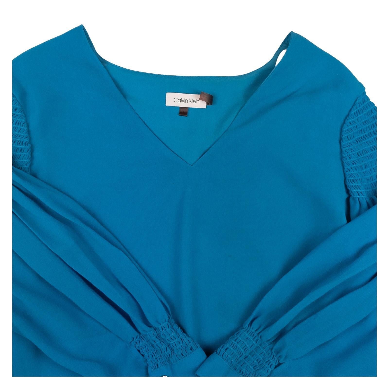 Calvin Klein Teal Blue Blouse Top Size L Large Ruched Sleeve V - Neck Office Wear by Calvin Klein – blouse | RewearableUK