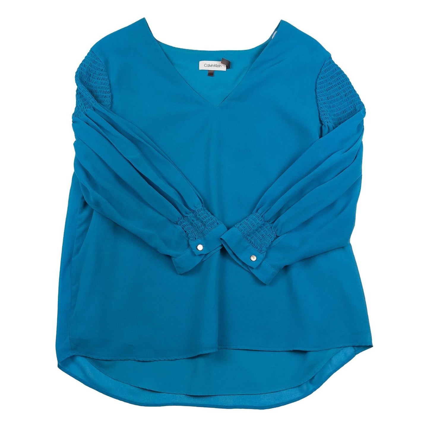 Calvin Klein Teal Blue Blouse Top Size L Large Ruched Sleeve V - Neck Office Wear by Calvin Klein – blouse | RewearableUK