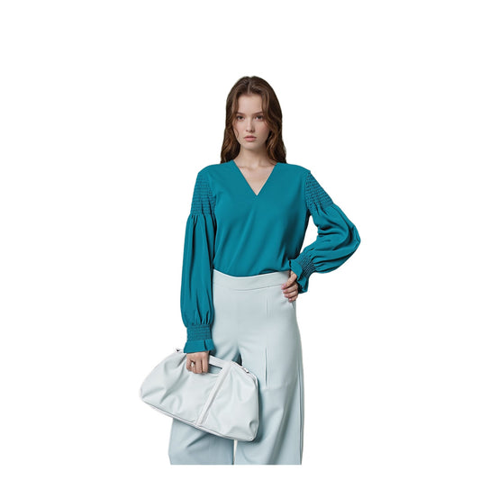 Calvin Klein Teal Blue Blouse Top Size L Large Ruched Sleeve V - Neck Office Wear by Calvin Klein – blouse | RewearableUK