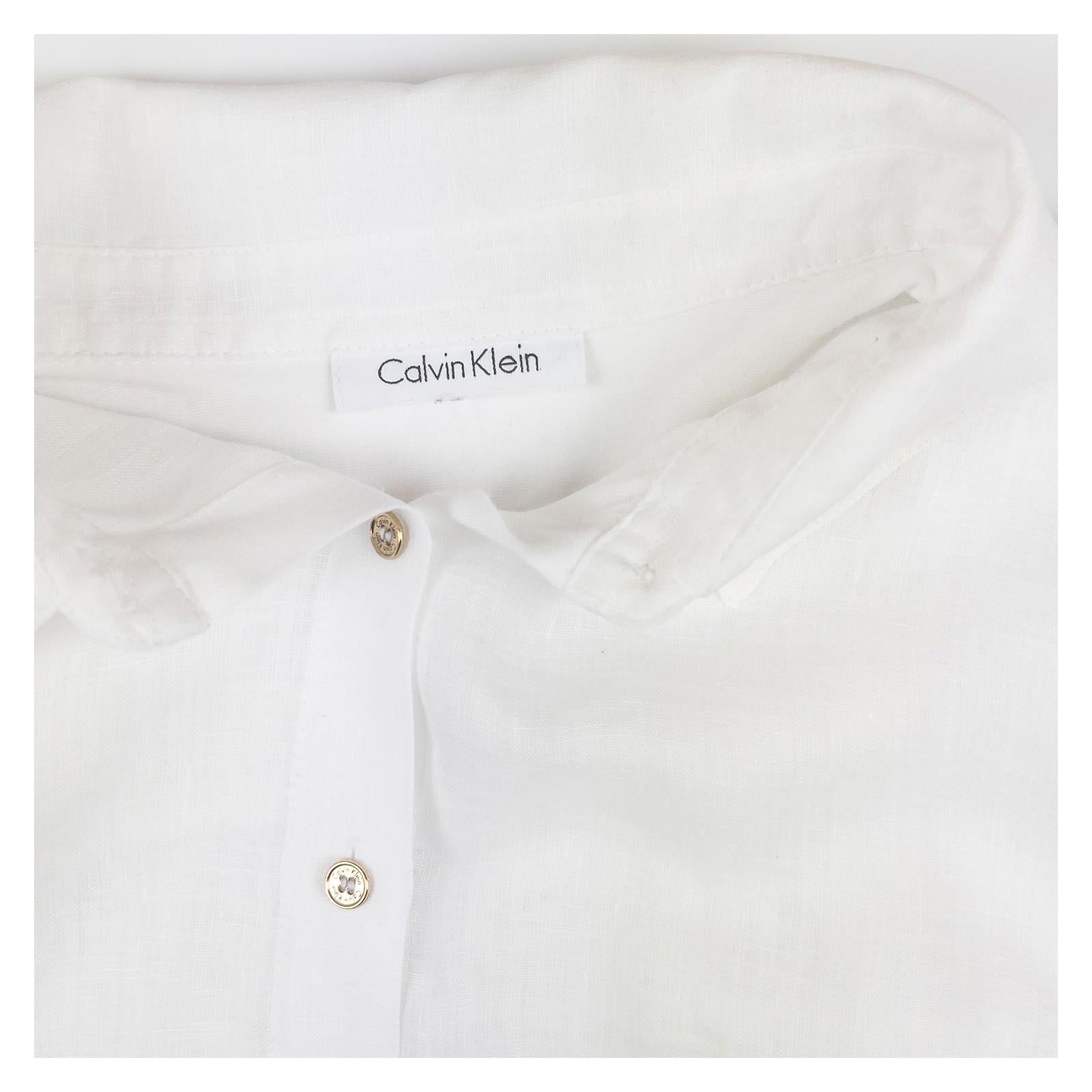 Calvin Klein Women's White Shirt Blouse L XL Gold Buttons Roll Tab Sleeve Stretc by Calvin Klein Collection – | RewearableUK