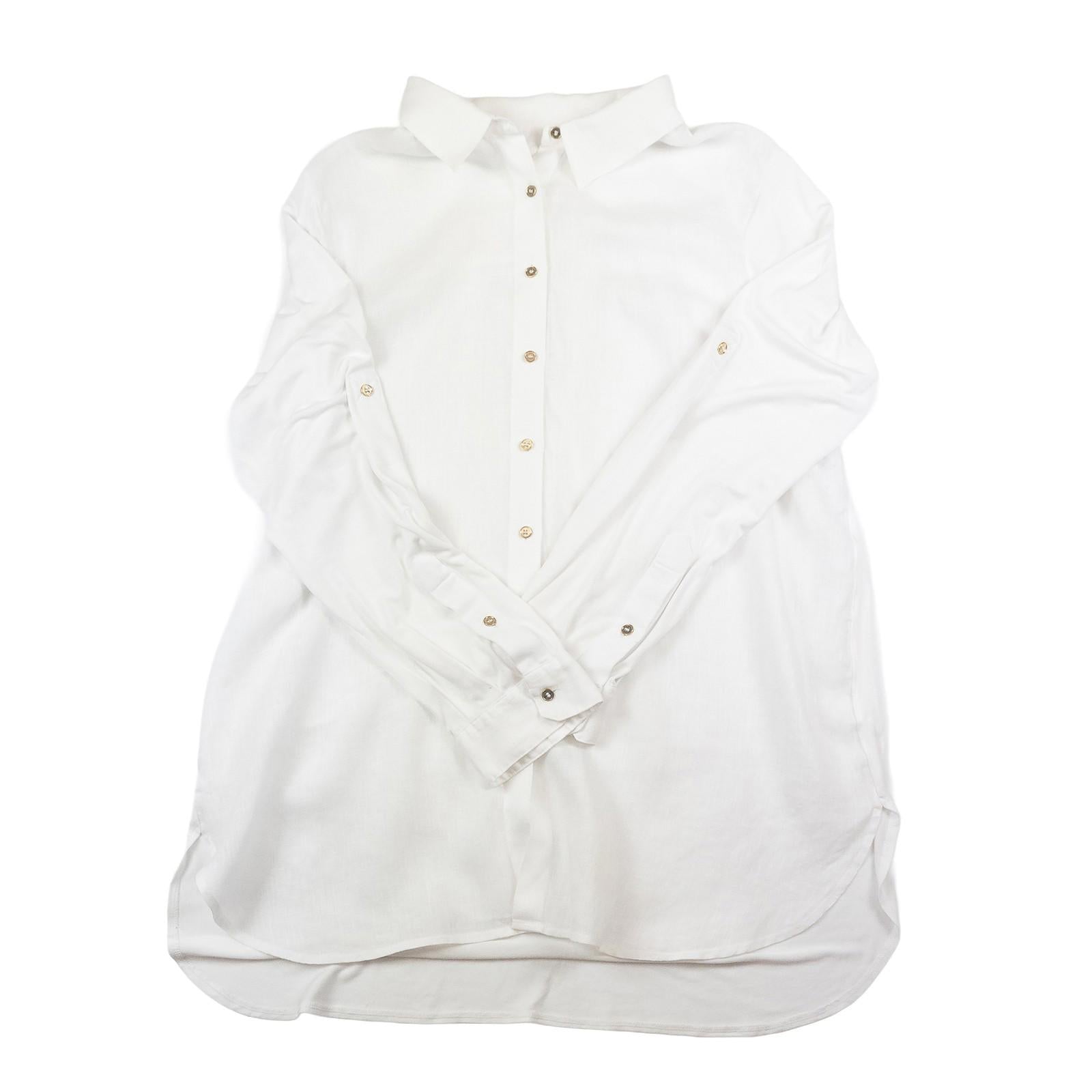 Calvin Klein Women's White Shirt Blouse L XL Gold Buttons Roll Tab Sleeve Stretc by Calvin Klein Collection – | RewearableUK