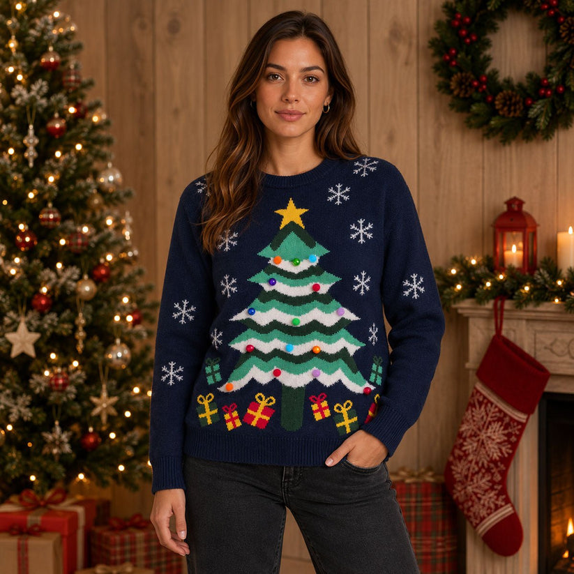 Cedar Wood State Women's Christmas Tree Jumper S Navy – Christmas Jumper product photo 1 | RewearableUK