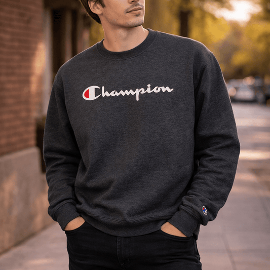Champion Logo Sweatshirt Grey | Men's Large by Champion – Sweater & Hoodie | RewearableUK