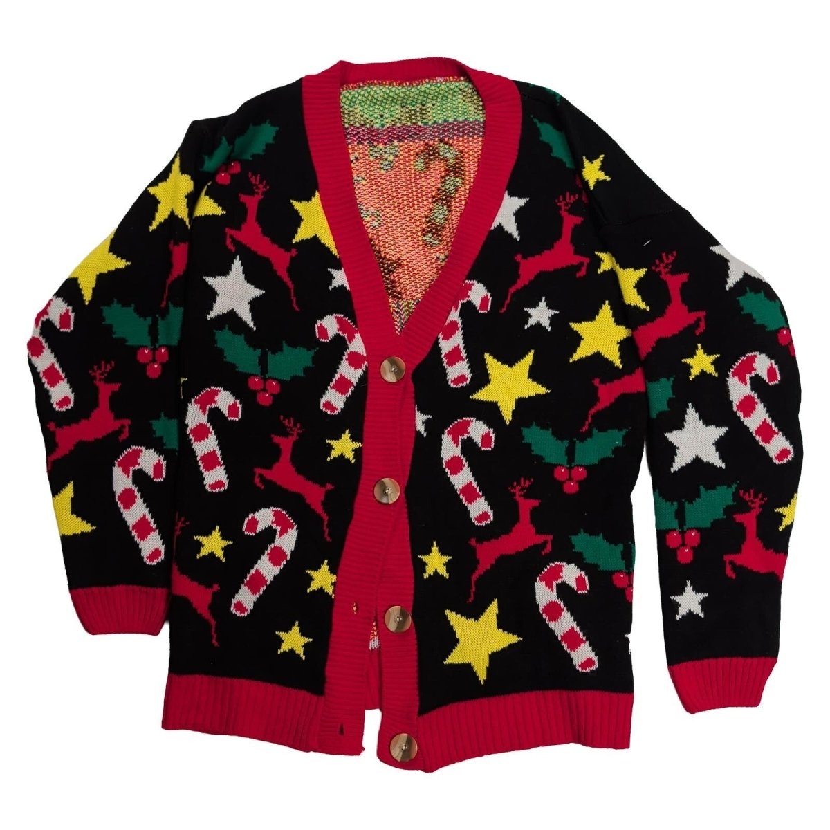 Christmas Cardigan XL Black Red Reindeer Candy Cane Made in UK Festive Jumper – product photo 1 | RewearableUK