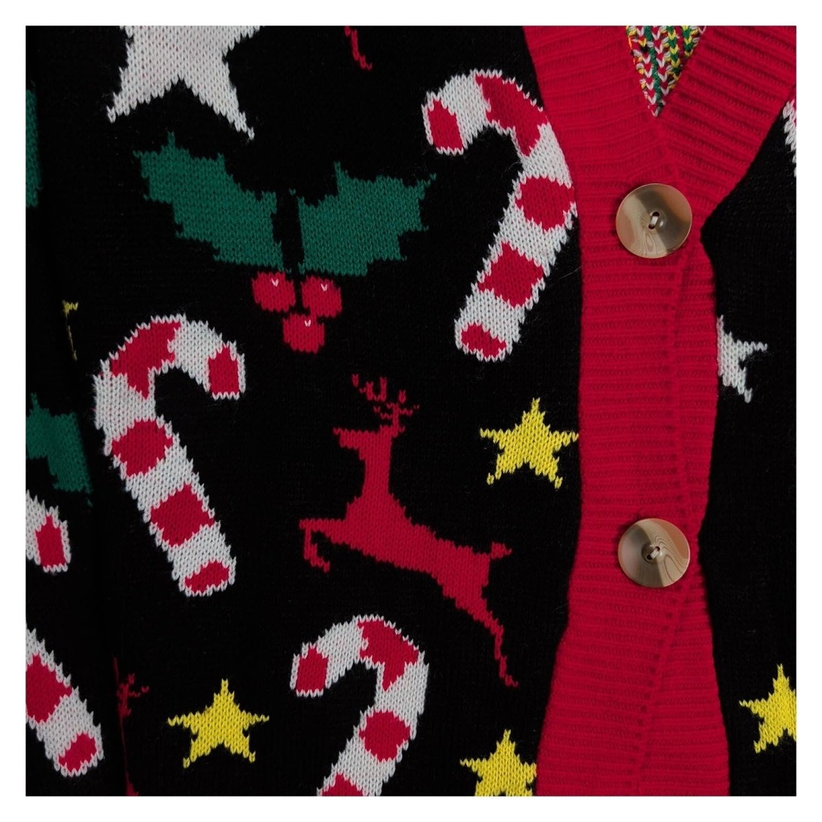 Christmas Cardigan XL Black Red Reindeer Candy Cane Made in UK Festive Jumper – product photo 2 | RewearableUK