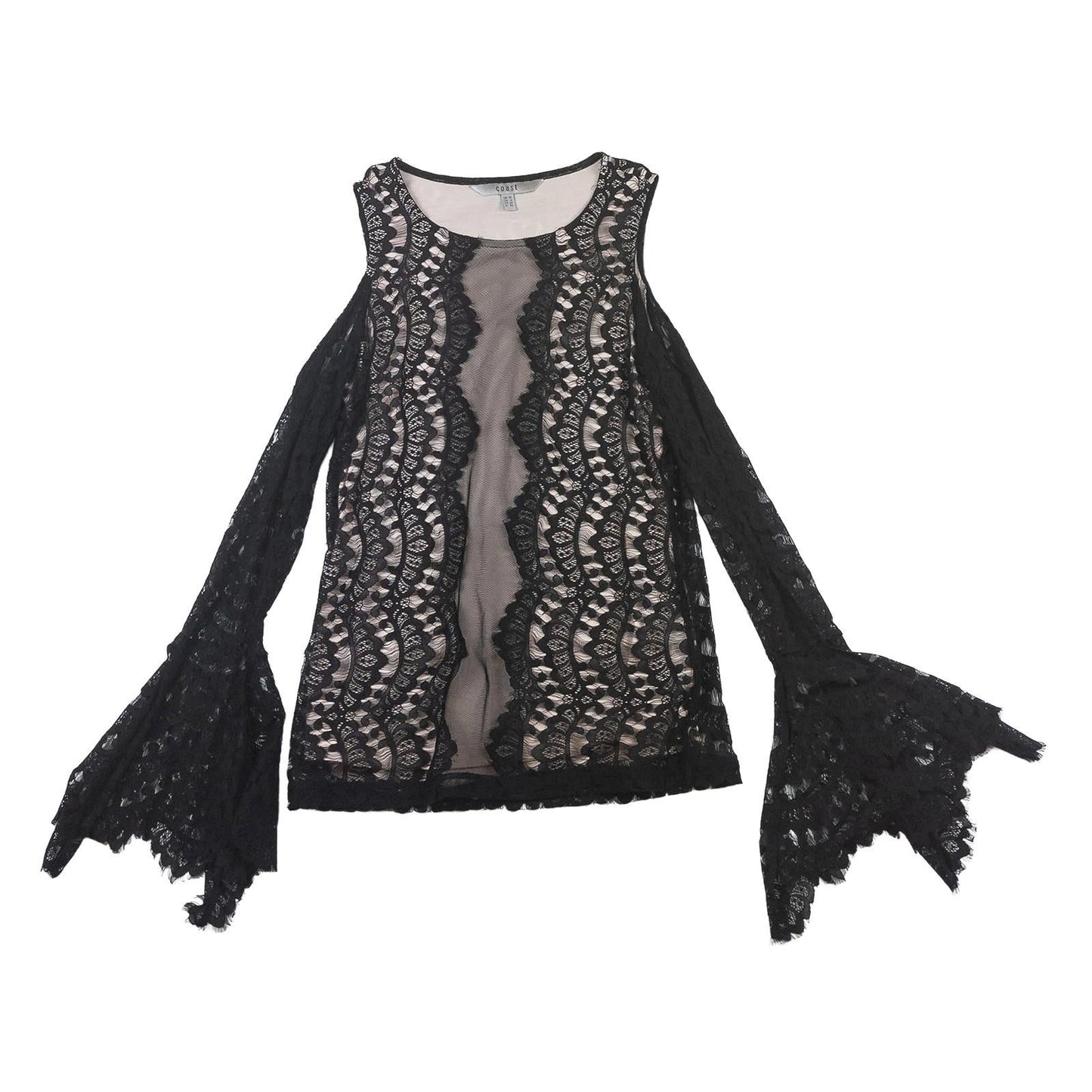 Coast Top UK 10 Black Nude Lace Cold Shoulder Bell Sleeve Blouse by Coast – | RewearableUK