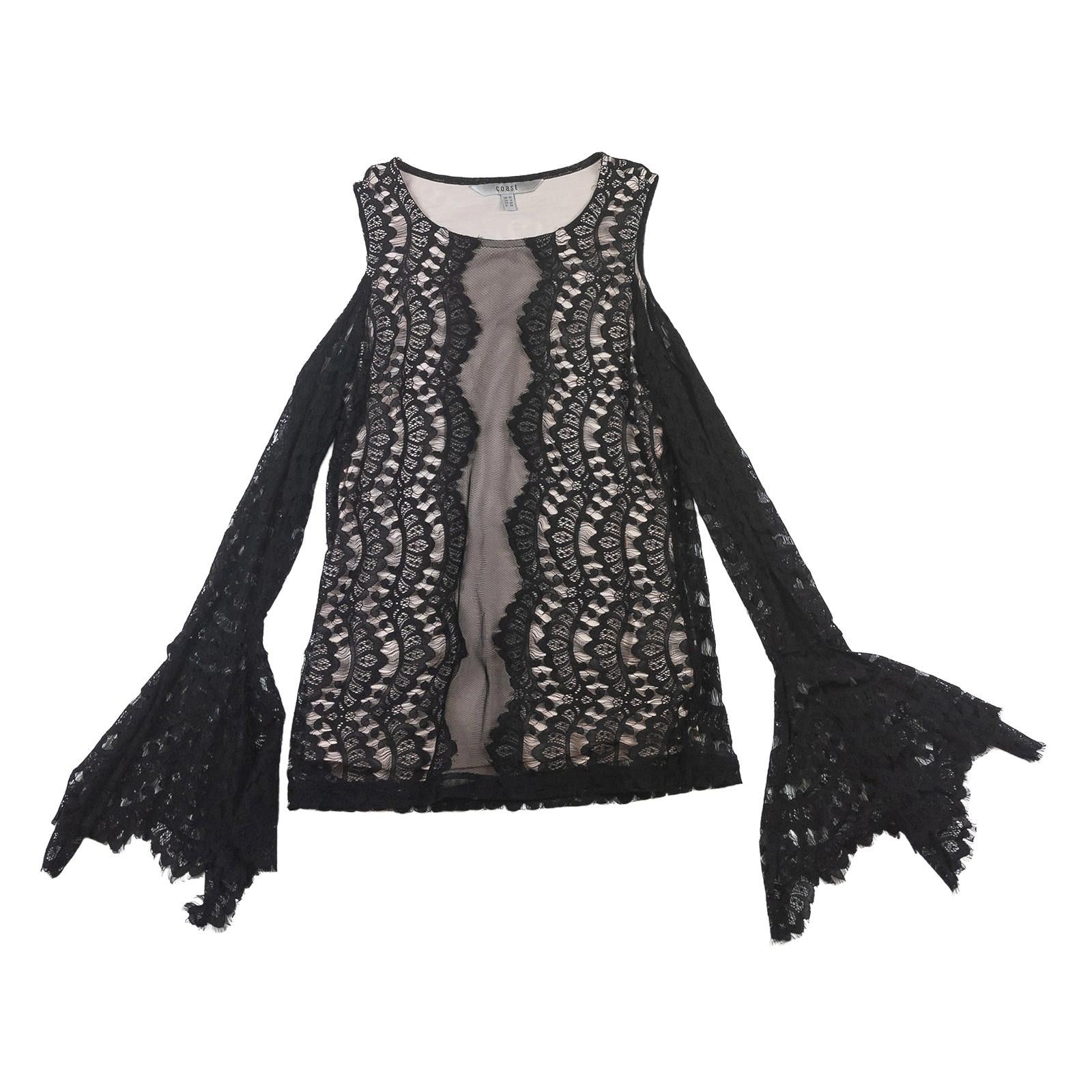 Coast Top UK 10 Black Nude Lace Cold Shoulder Bell Sleeve Blouse by Coast – | RewearableUK