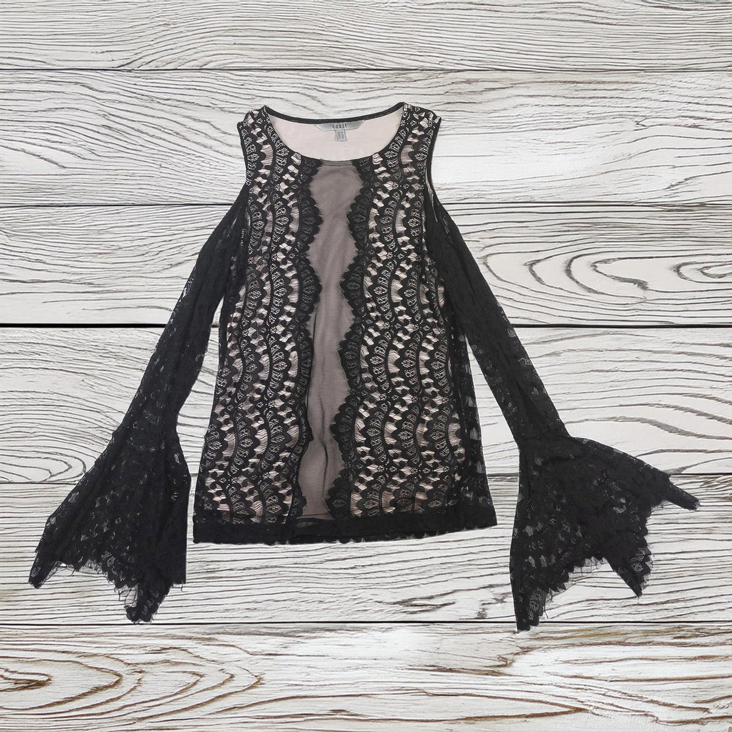 Coast Top UK 10 Black Nude Lace Cold Shoulder Bell Sleeve Blouse by Coast – | RewearableUK