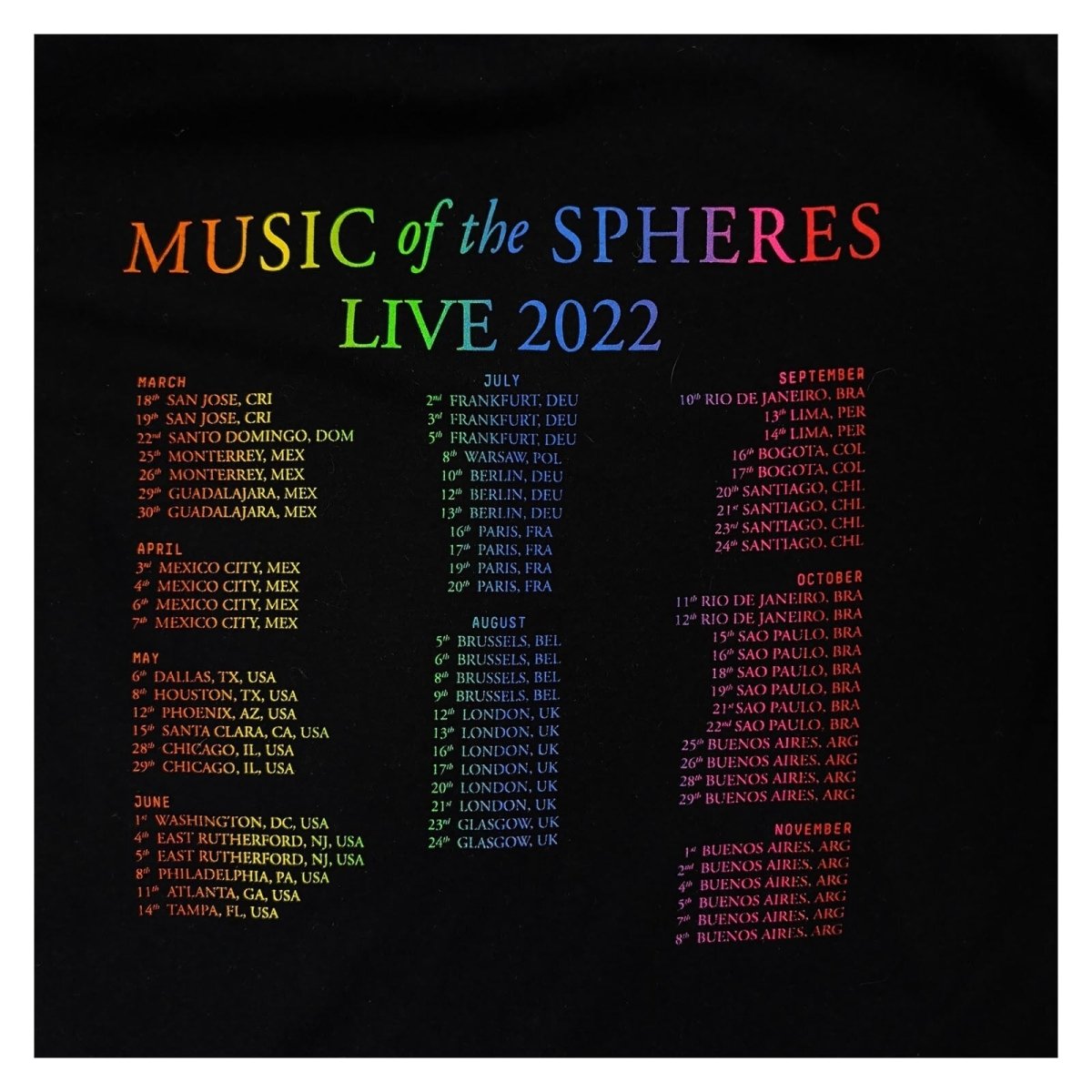 Coldplay Music of the Spheres Live 2022 Tour T-Shirt M Black Dates – product photo 4 | RewearableUK