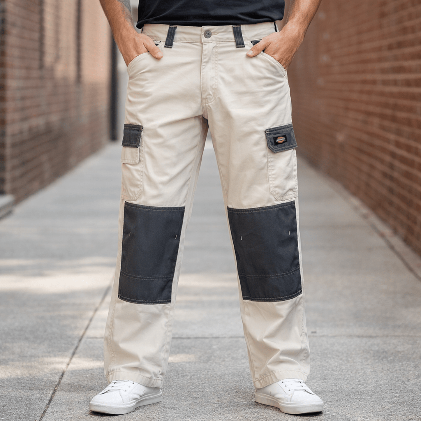 dickies mens cream grey contrast straight leg cargo work trousers size 28 r by Dickies – WORKWEAR | RewearableUK