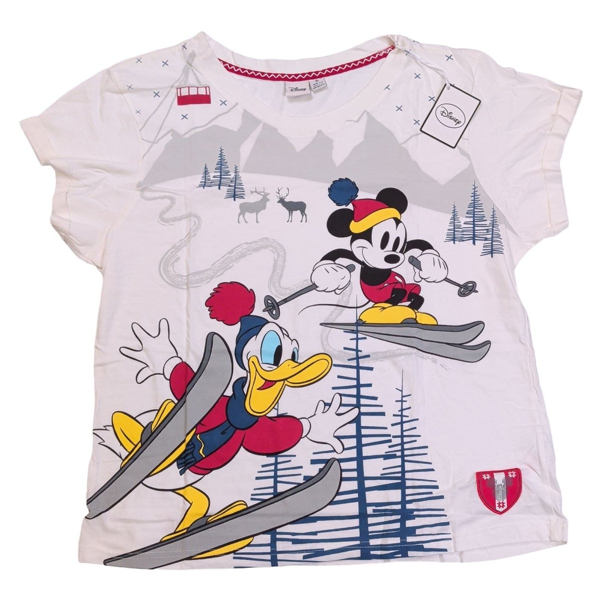 Disney Girls T-Shirt Medium White Mickey Mouse Donald Skiing Graphic – product photo 1 | RewearableUK