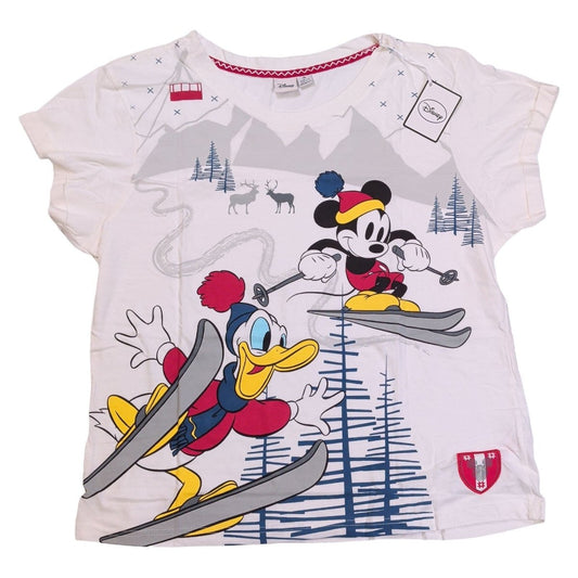 Disney Girls T-Shirt Medium White Mickey Mouse Donald Skiing Graphic – product photo 1 | RewearableUK