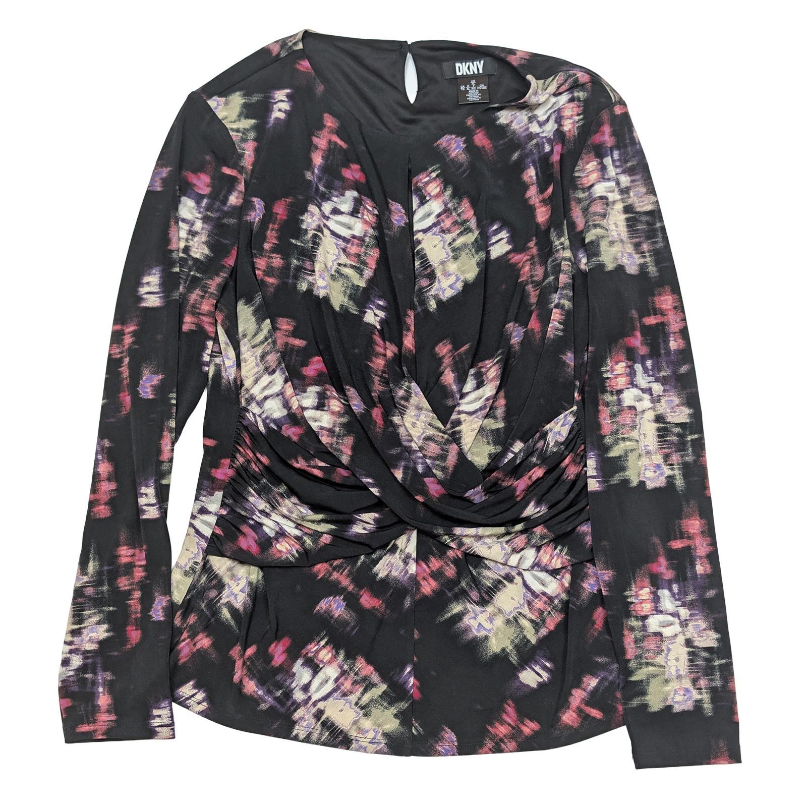 DKNY Abstract Print Top Size XL (UK 16 - 18) Black Purple Twist Front Jersey Blous by DKNY – | RewearableUK