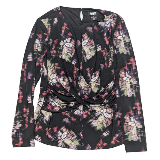 DKNY Abstract Print Top Size XL (UK 16 - 18) Black Purple Twist Front Jersey Blous by DKNY – | RewearableUK