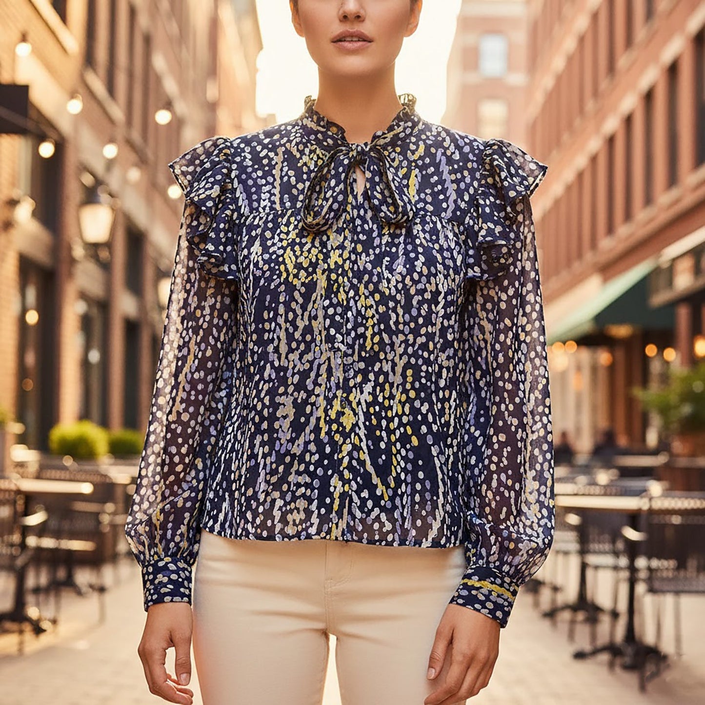 DKNY Abstract Ruffle Blouse Navy Tie Neck | Women's 1X by DKNY – blouse | RewearableUK