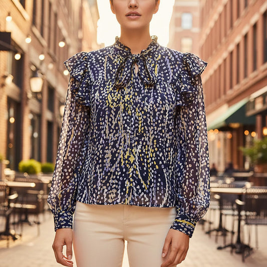 DKNY Abstract Ruffle Blouse Navy Tie Neck | Women's 1X by DKNY – blouse | RewearableUK