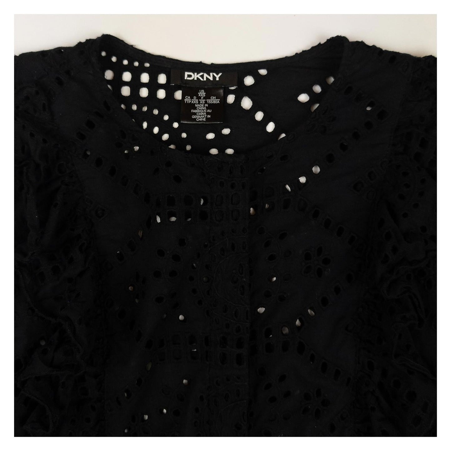 DKNY Blouse Top UK 4 US XXS Black 100% Cotton Broderie Anglaise Ruffle NWOT by DKNY – | RewearableUK