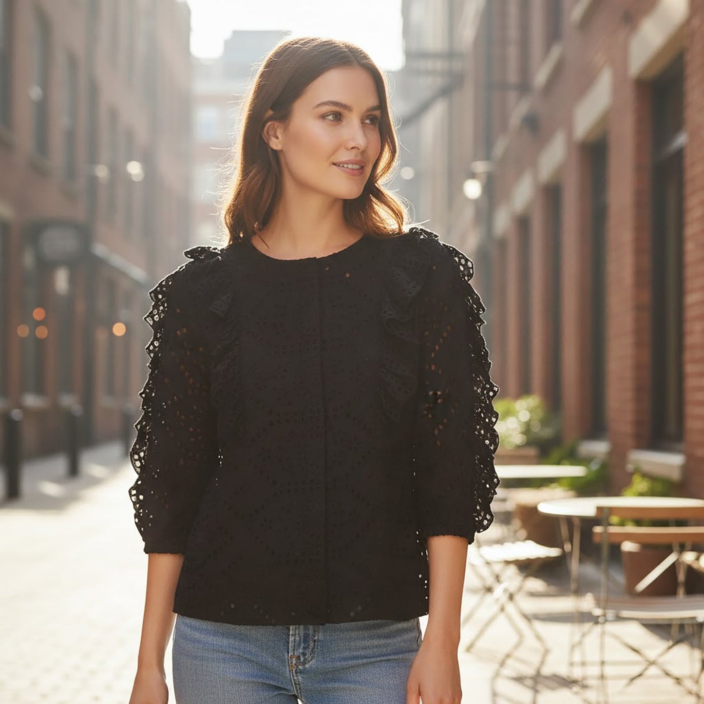 DKNY Broderie Anglaise Ruffle Top Black | Women's UK 4 (XXS) NWOT by DKNY – blouse | RewearableUK