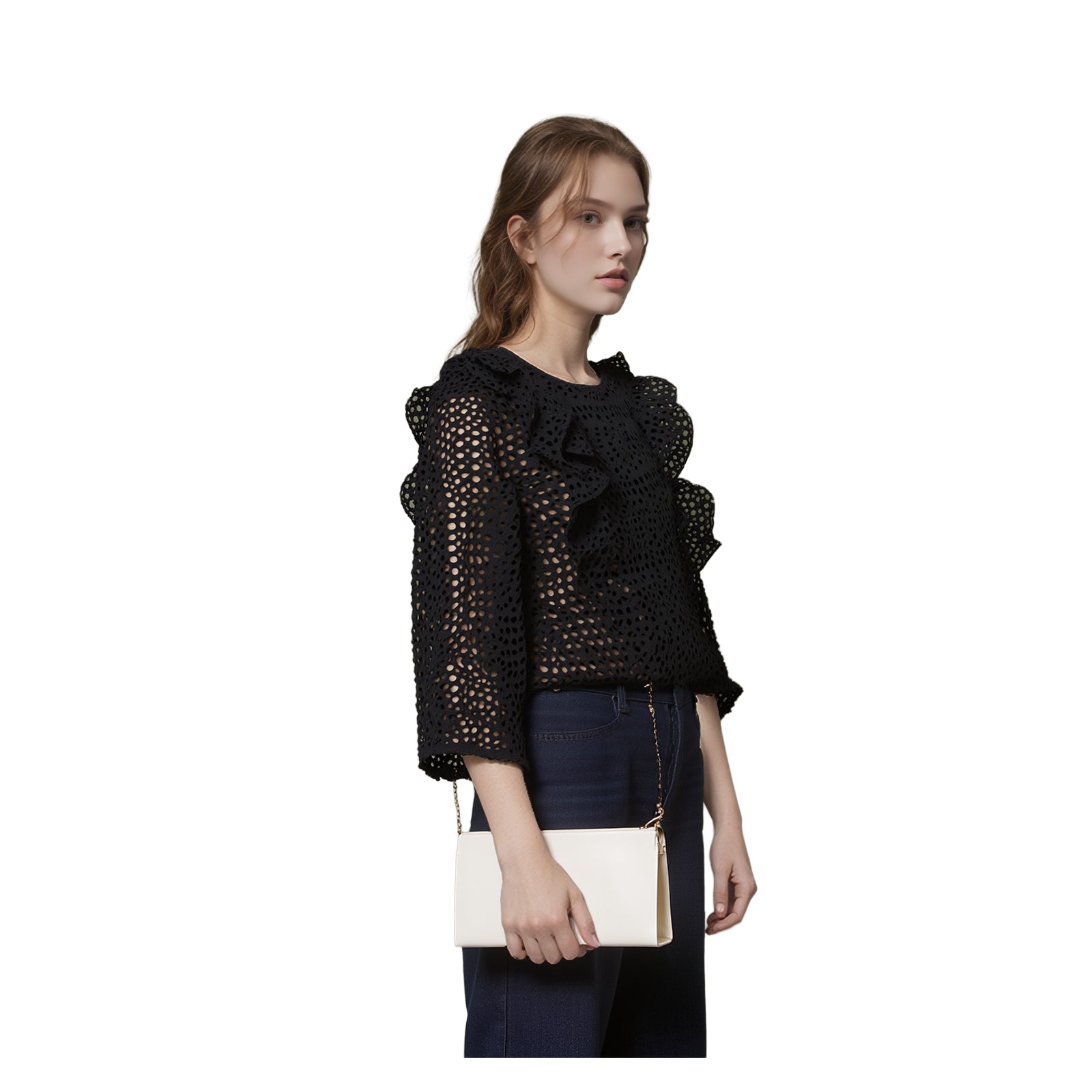 DKNY Broderie Anglaise Ruffle Top Black | Women's UK 4 (XXS) NWOT by DKNY – blouse | RewearableUK