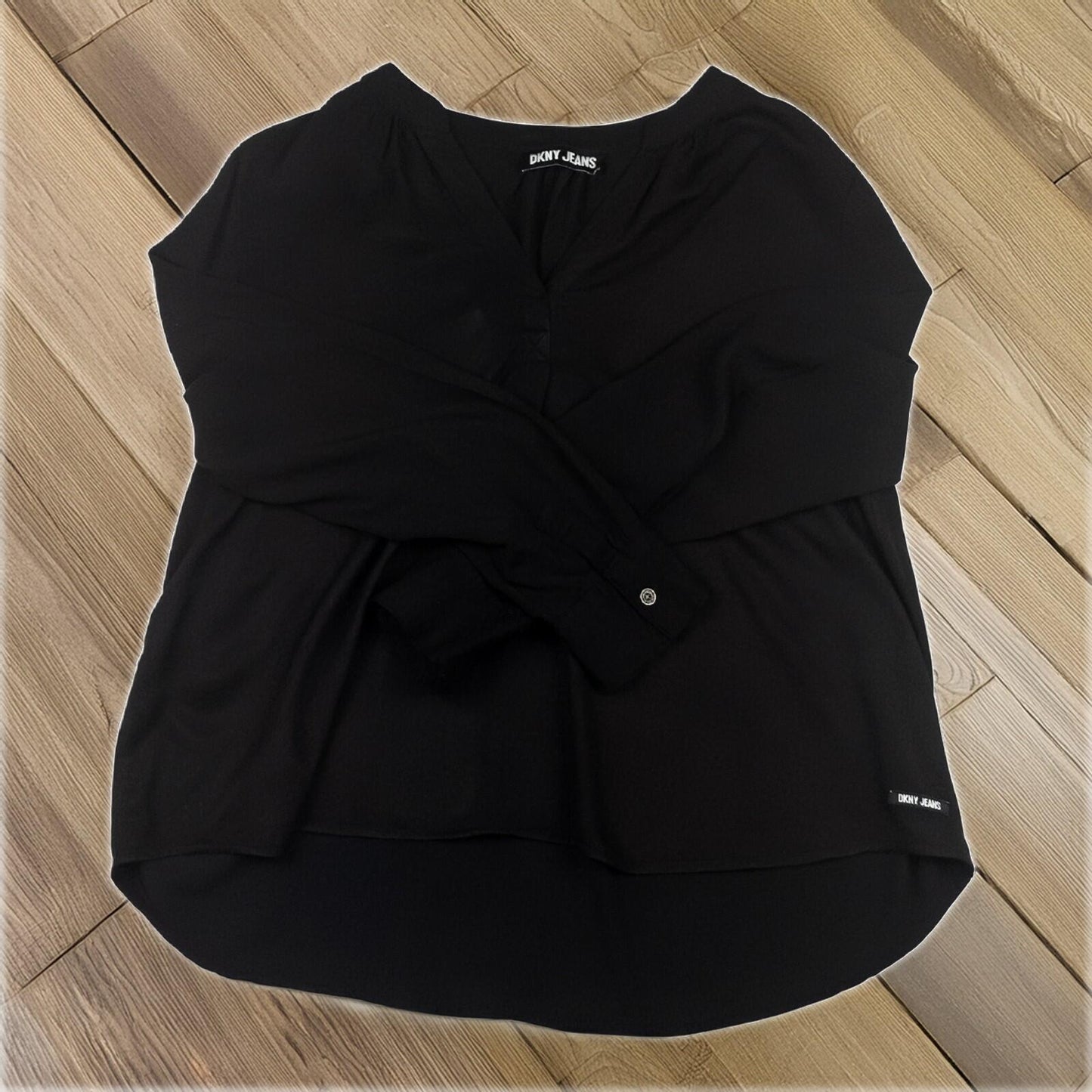 DKNY Jeans Black Animal Print Blouse Top V - Neck High Low Hem Long Sleeve xl by DKNY – blouse | RewearableUK