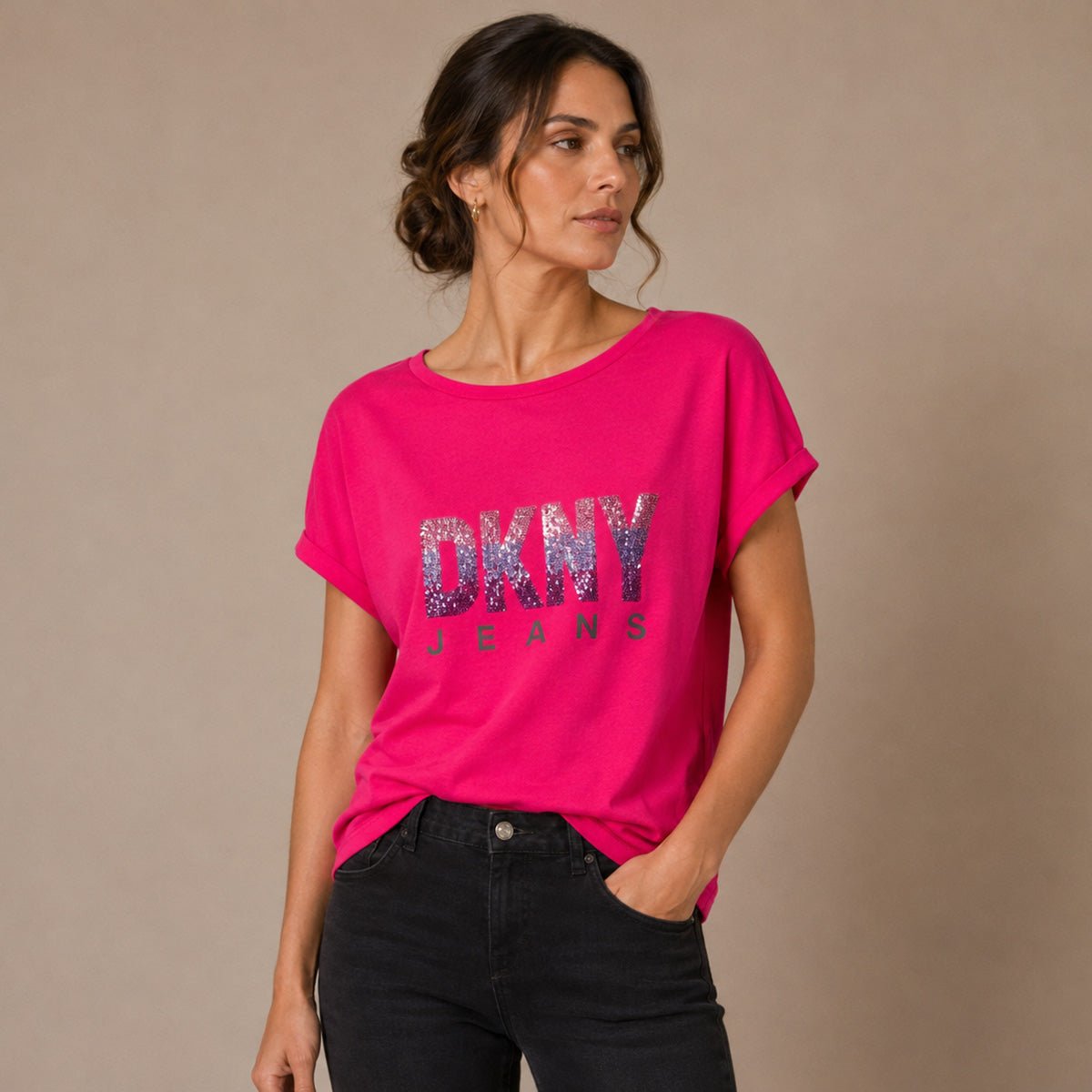 DKNY Jeans Hot Pink Reversible Sequin Logo T-Shirt – M – Top product photo 1 | RewearableUK