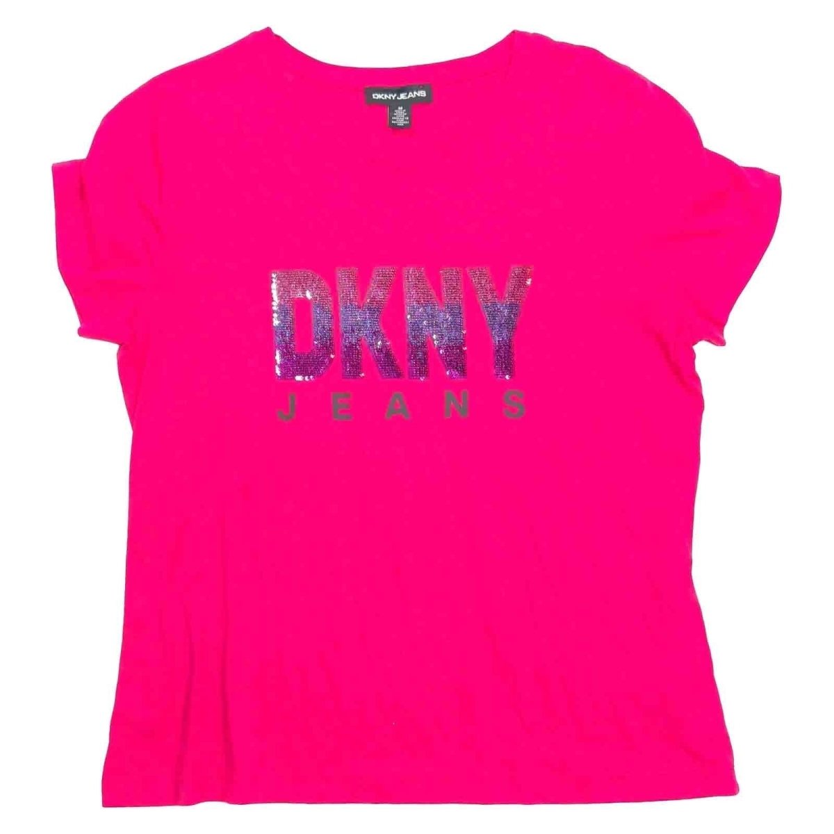 DKNY Jeans Hot Pink Reversible Sequin Logo T-Shirt – M – Top product photo 1 | RewearableUK