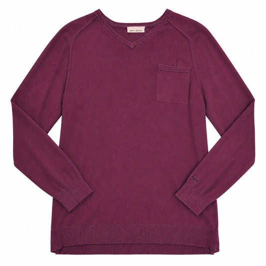 DKNY Jeans Womens Burgundy V Neck Jumper XL Chest Pocket Long Sleeve Knit – product photo 1 | RewearableUK