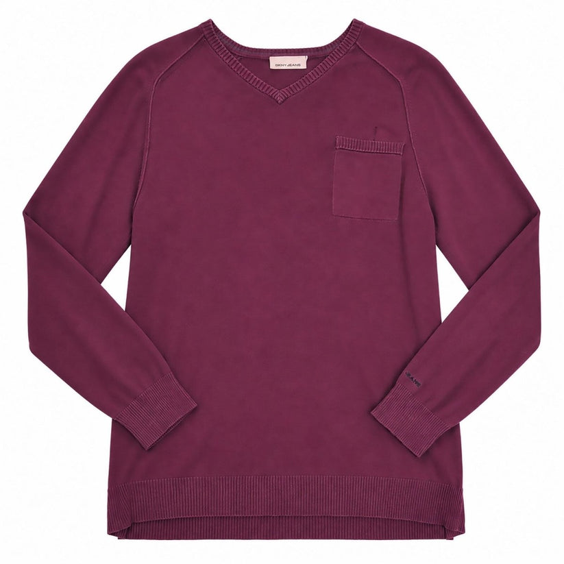 DKNY Jeans Womens Burgundy V Neck Jumper XL Chest Pocket Long Sleeve Knit – product photo 1 | RewearableUK