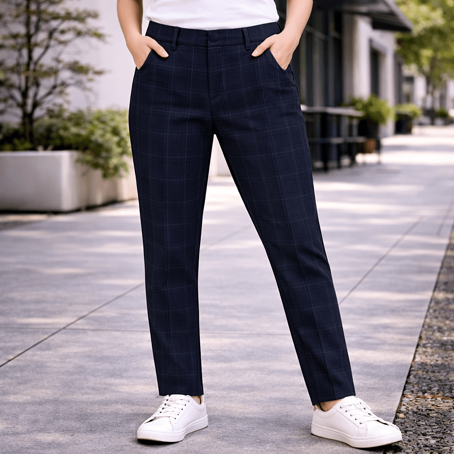 dkny mens navy blue windowpane check wool blend slim formal trousers 34 long by DKNY – JEANS | RewearableUK