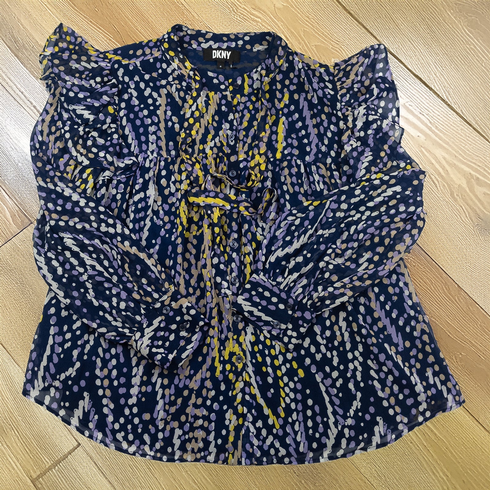 DKNY Navy Abstract Ruffle Blouse Size 1X Plus Size Tie Neck Sheer Long Sleeve by DKNY – blouse | RewearableUK