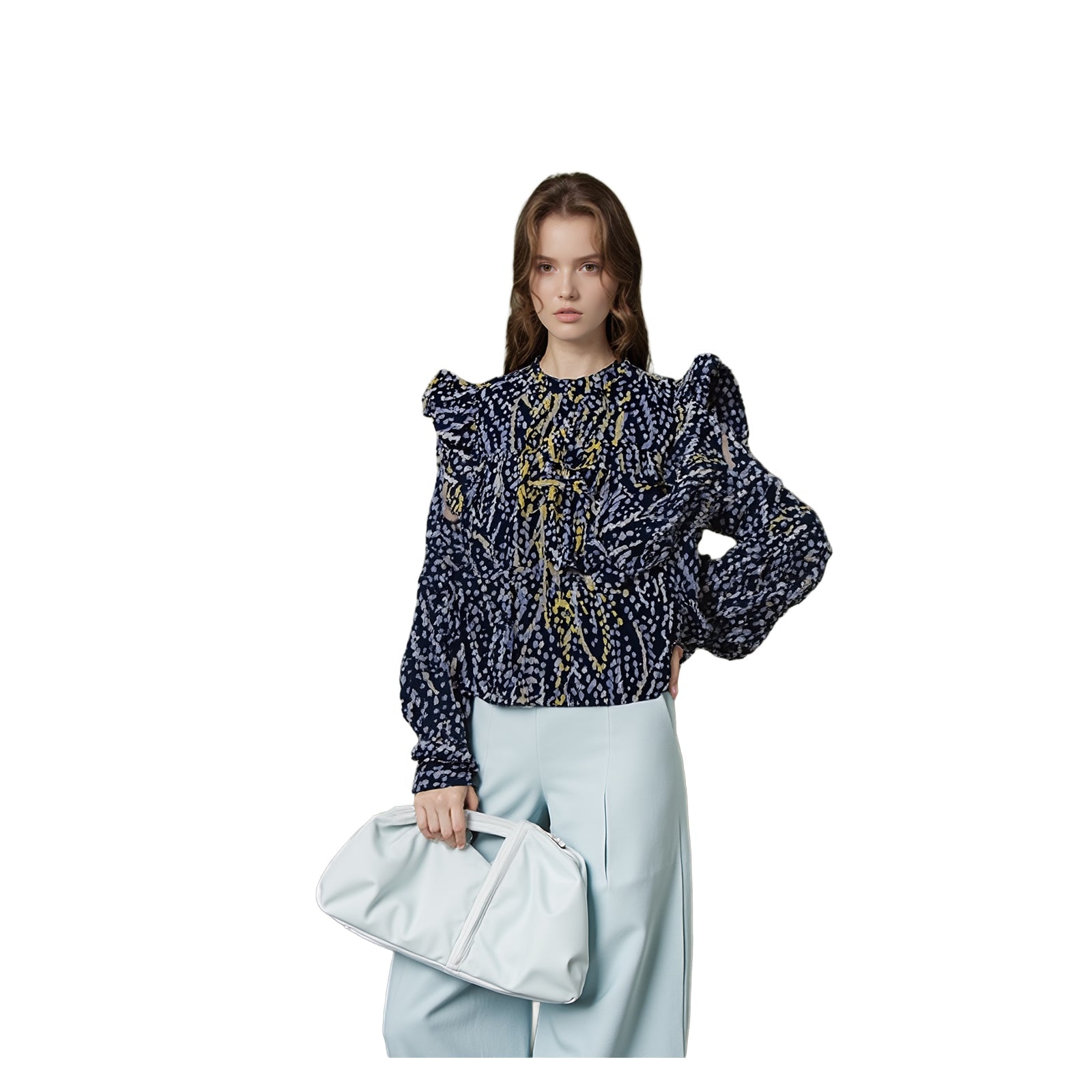 DKNY Navy Abstract Ruffle Blouse Size 1X Plus Size Tie Neck Sheer Long Sleeve by DKNY – blouse | RewearableUK