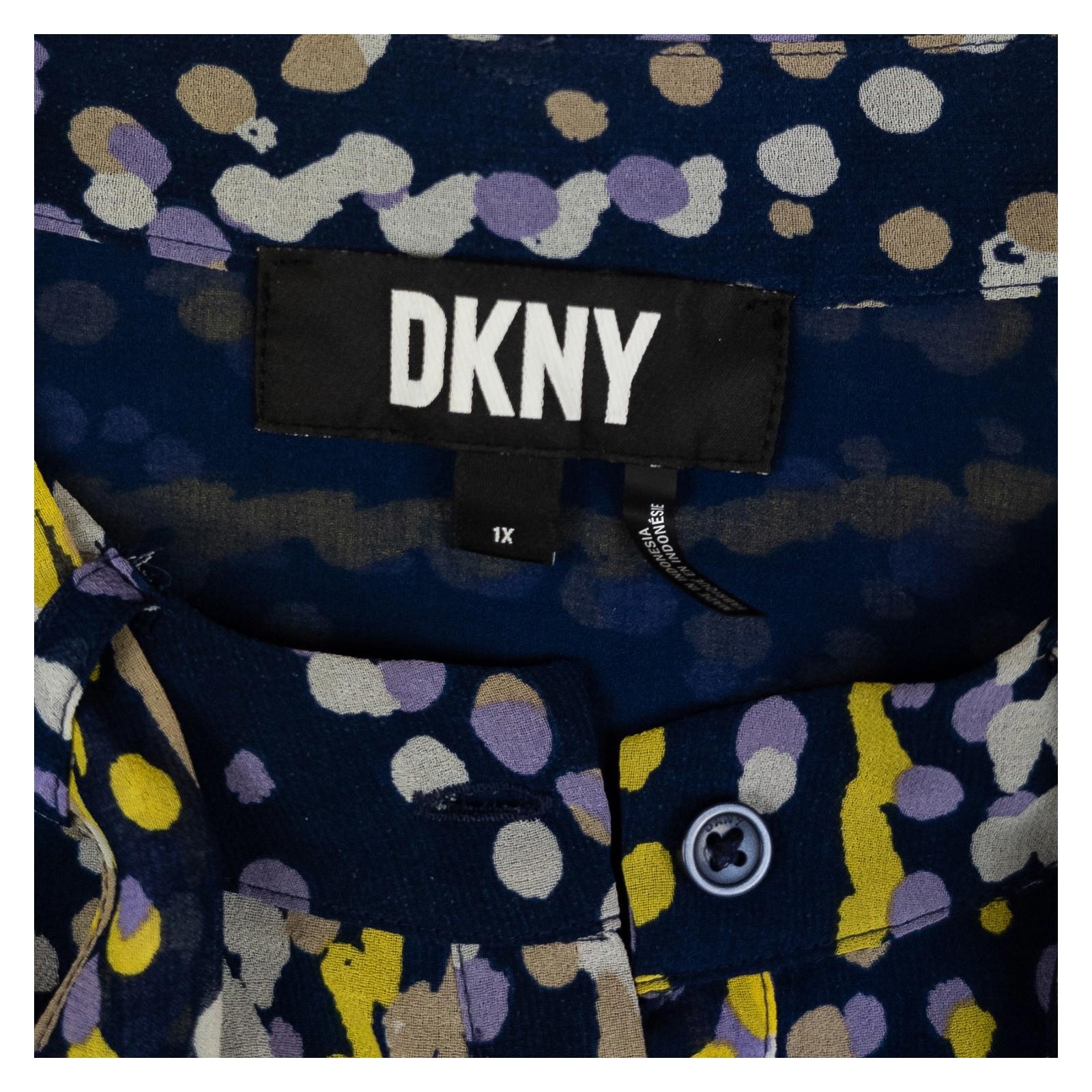 DKNY Navy Abstract Ruffle Blouse Size 1X Plus Size Tie Neck Sheer Long Sleeve by DKNY – | RewearableUK