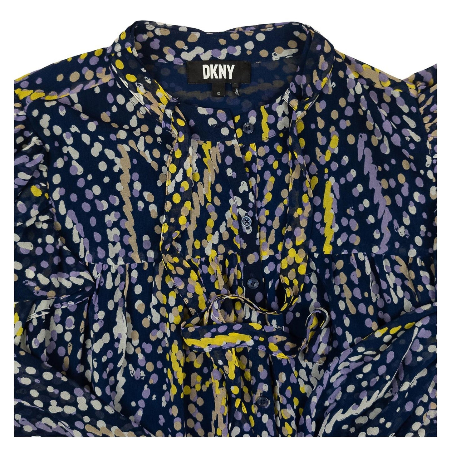 DKNY Navy Abstract Ruffle Blouse Size 1X Plus Size Tie Neck Sheer Long Sleeve by DKNY – | RewearableUK