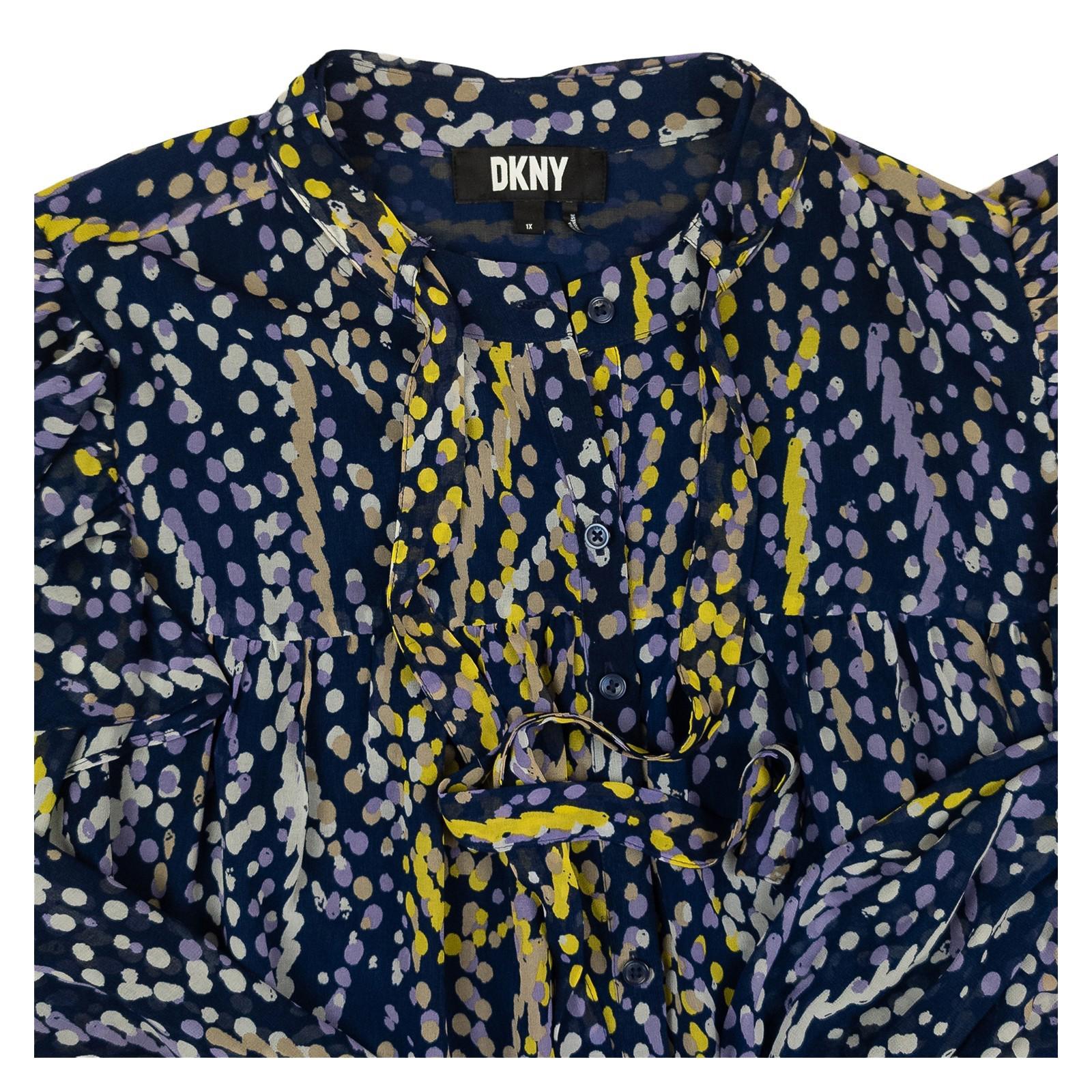 DKNY Navy Abstract Ruffle Blouse Size 1X Plus Size Tie Neck Sheer Long Sleeve by DKNY – | RewearableUK