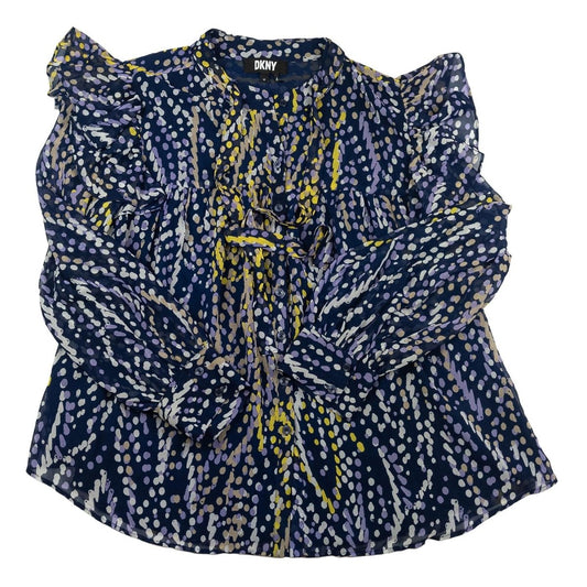 DKNY Navy Abstract Ruffle Blouse Size 1X Plus Size Tie Neck Sheer Long Sleeve by DKNY – | RewearableUK
