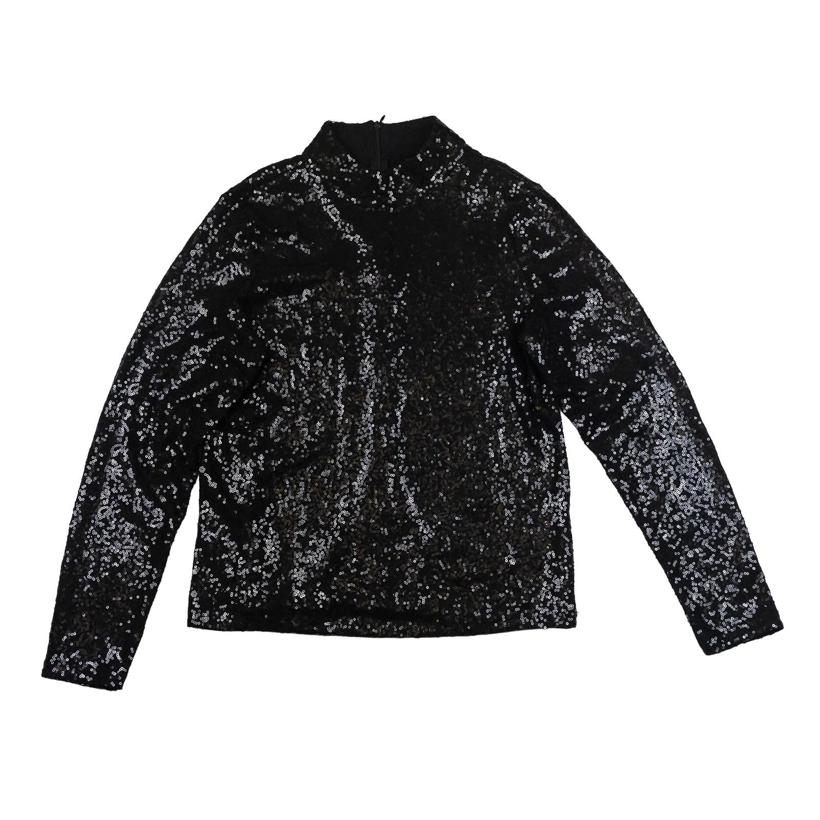 DKNY Sequin Jacket Top US M Black Silver Long Sleeve Mock Neck Zip Blouse by DKNY – | RewearableUK