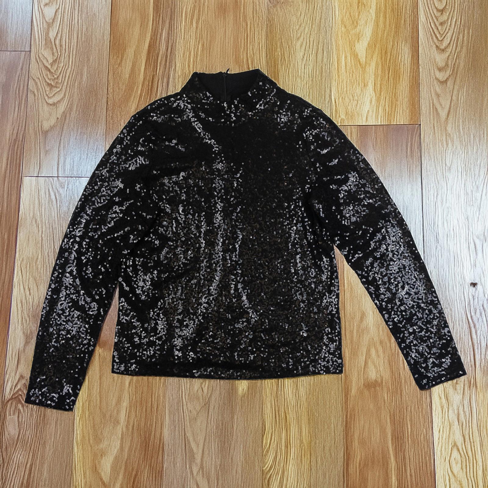 DKNY Sequin Jacket Top US M Black Silver Long Sleeve Mock Neck Zip Blouse by DKNY – | RewearableUK