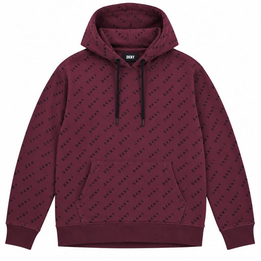 DKNY Sport Womens Hoodie M Burgundy All Over Logo Print Pullover Sweatshirt – product photo 1 | RewearableUK