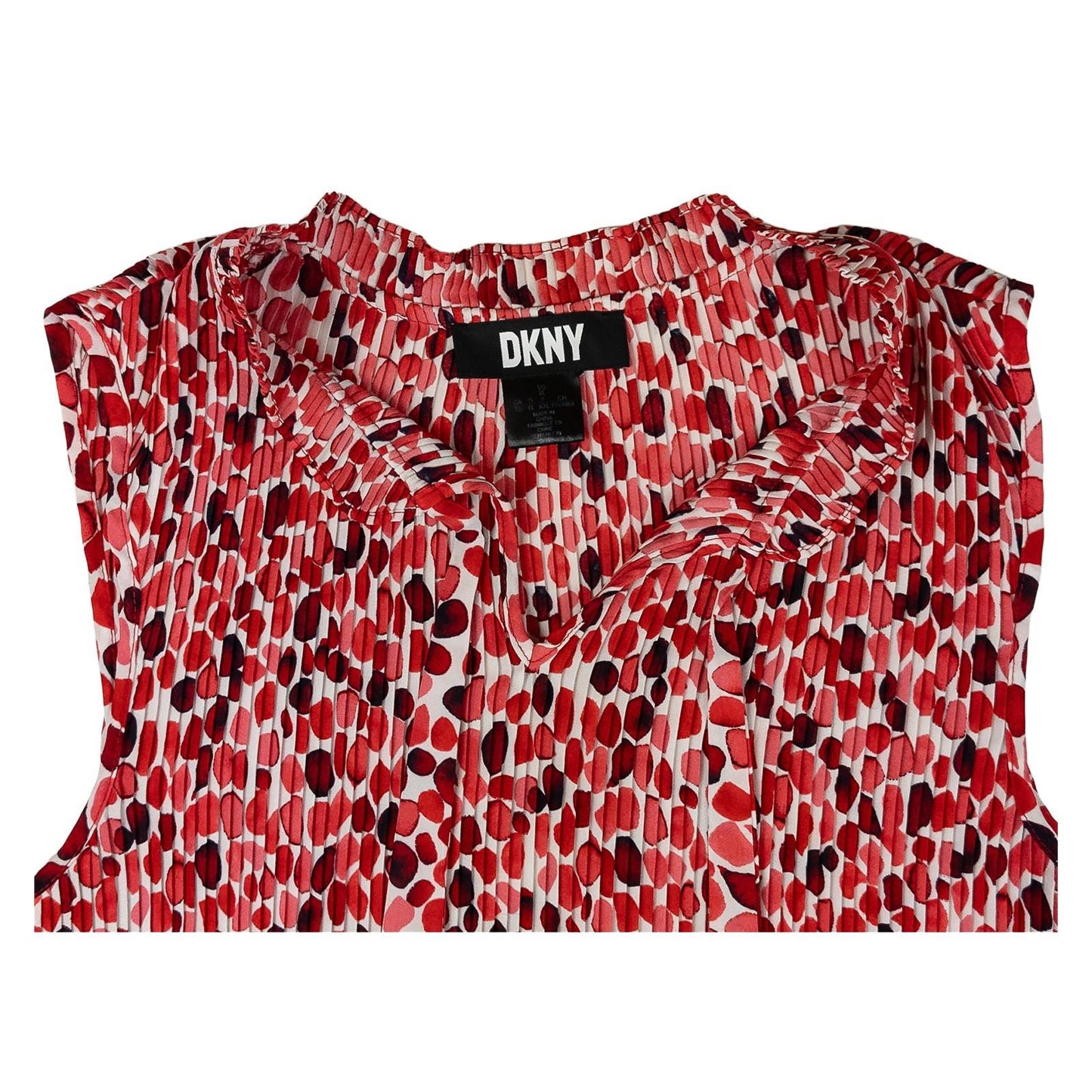 DKNY Woman Red Pleated Blouse Size XL Plissé Abstract Print Tie Hem Sleeveless by DKNY – | RewearableUK