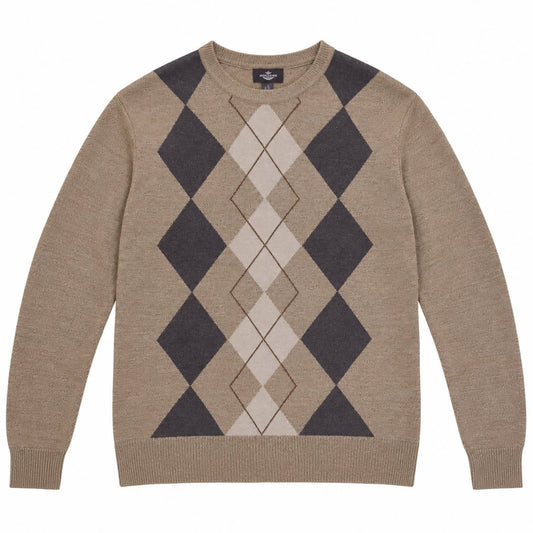 Dockers Men's Argyle Knit Jumper Beige Grey Cream Diamond Crew Neck Size L – product photo 1 | RewearableUK