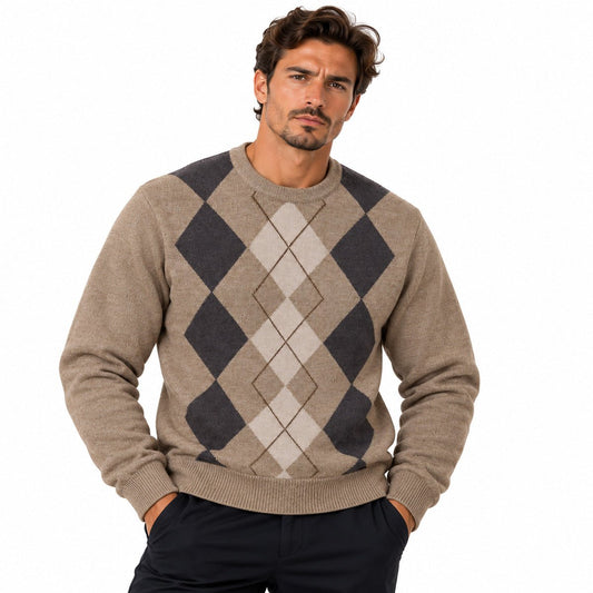 Dockers Men's Beige/Grey Argyle Knit Jumper L Crew Neck – Jumper product photo 1 | RewearableUK