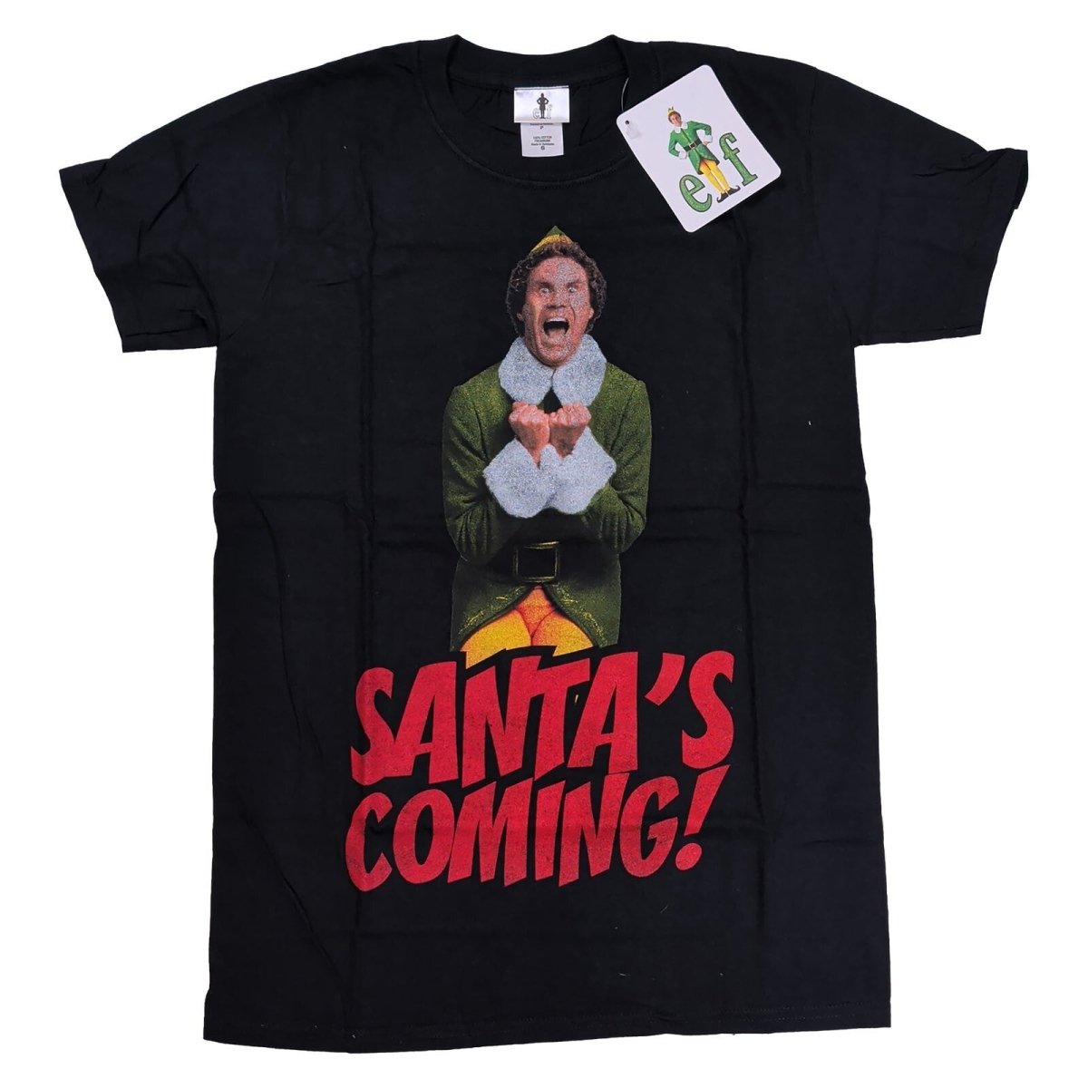 Elf Unisex Adults T-Shirt Small Black Santa's Coming Graphic 100% Cotton – product photo 1 | RewearableUK